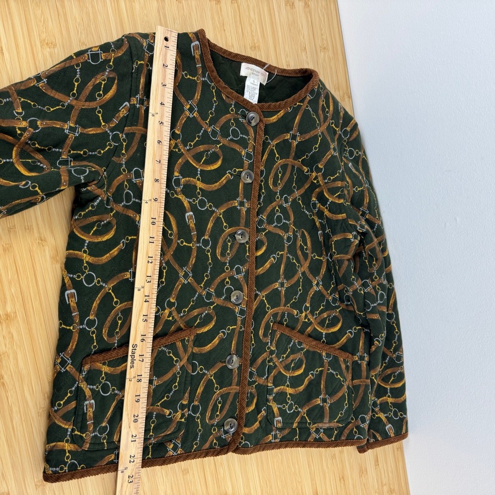 VTG! Jones New York Sport Quilted Jacket S Equestrian Belt Print Green Brown - Picture 6 of 12